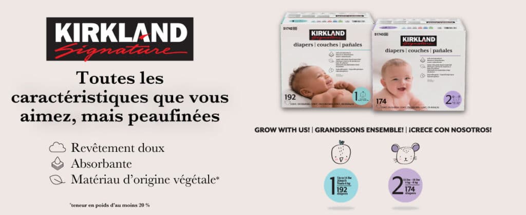 Avantages des couches Kirkland Signature : revêtement doux, absorbante, matériau d’origine végétale